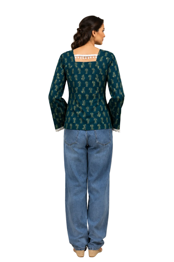 Vastraanii Women's Teal Paisley Print Cotton Top with Square Neck & Lace Detail