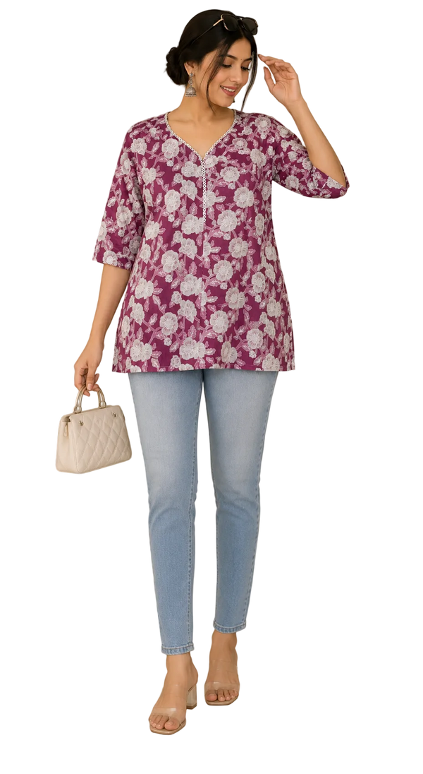 Vastraanii Women's Purple Floral Printed V-Neck Cotton Top
