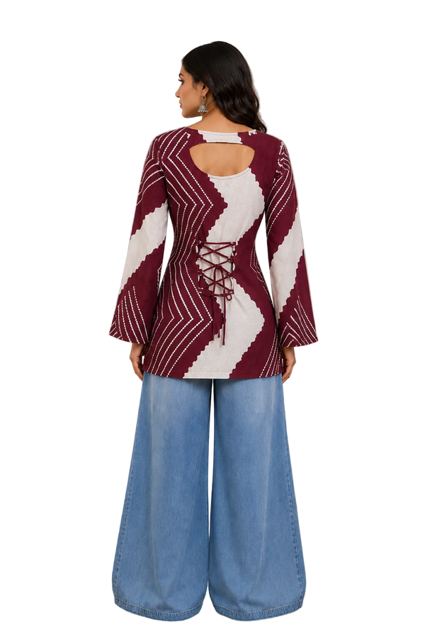Vastraanii Maroon Abstract Printed Keyhole Neck Short Kurti for Women | Bell Sleeves Designer Ethnic Top
