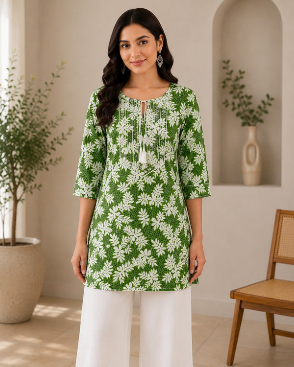 Vastraanii Women's Green Floral Printed Cotton Tassel Neck Kurti Top