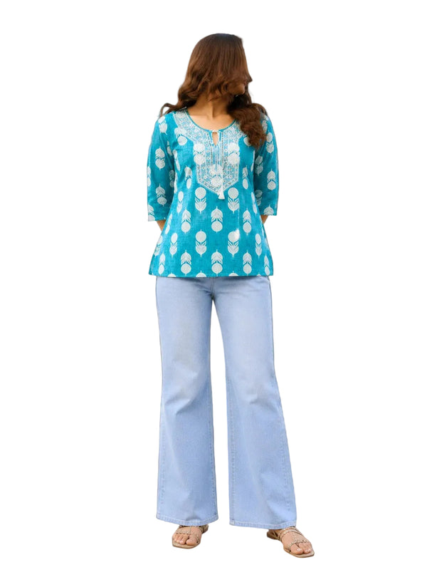 Women's Teal Blue Printed Cotton Short Kurti | Round Neck | 3/4 Sleeves | Regular Fit | Casual Ethnic Top