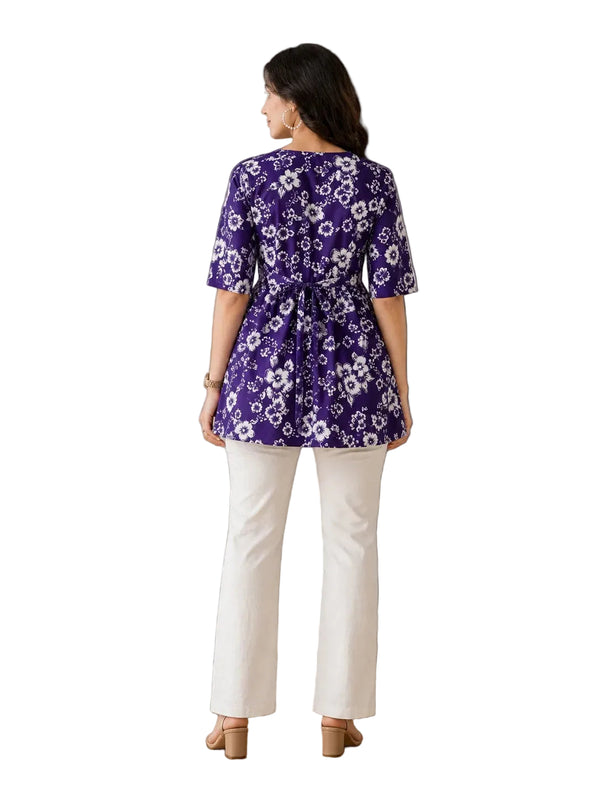 Vastraanii Women's Purple Floral Printed Cotton Peplum Top with Tie-Up Back