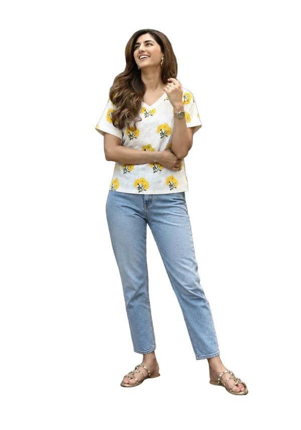 Vastraanii Women's White & Yellow Floral Printed Cotton V-Neck Top