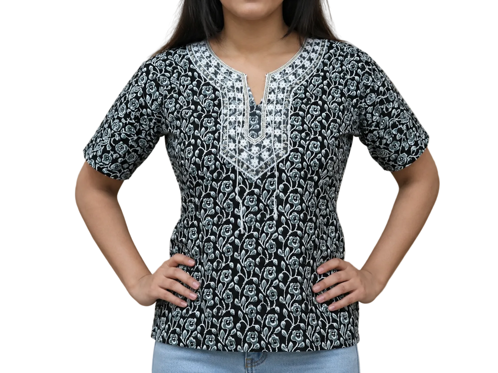 Vastraanii Women's Black Floral Printed Cotton Top with Embroidered Neck
