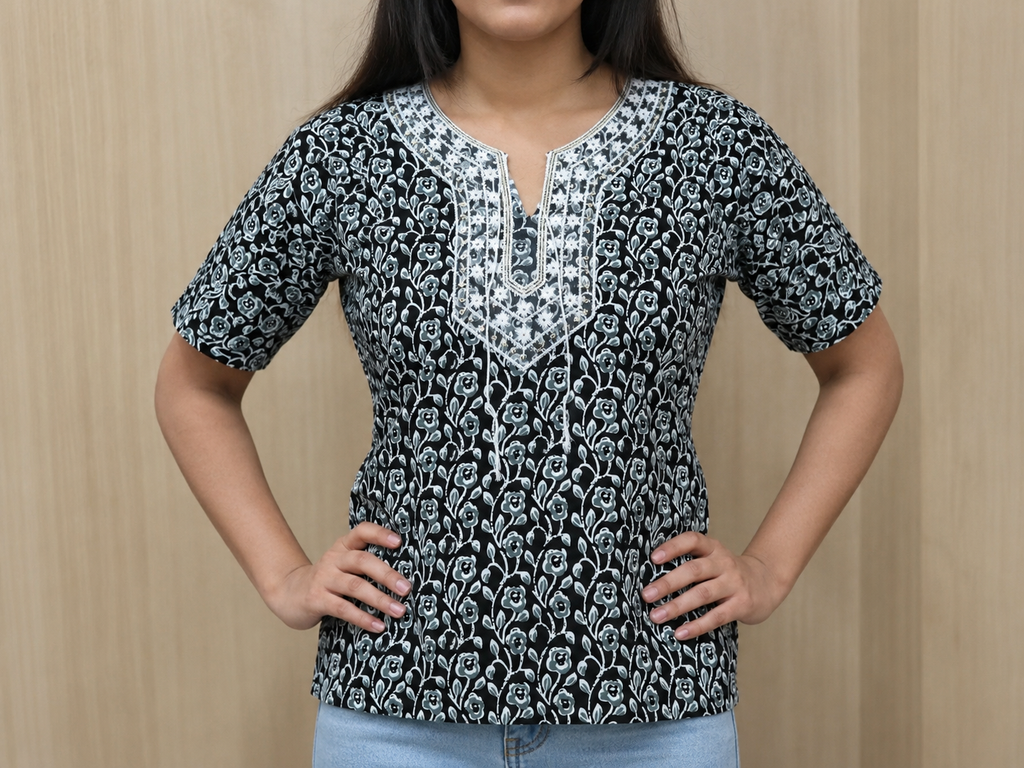 Vastraanii Women's Black Floral Printed Cotton Top with Embroidered Neck