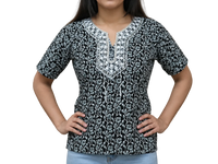Vastraanii Women's Black Floral Printed Cotton Top with Embroidered Neck