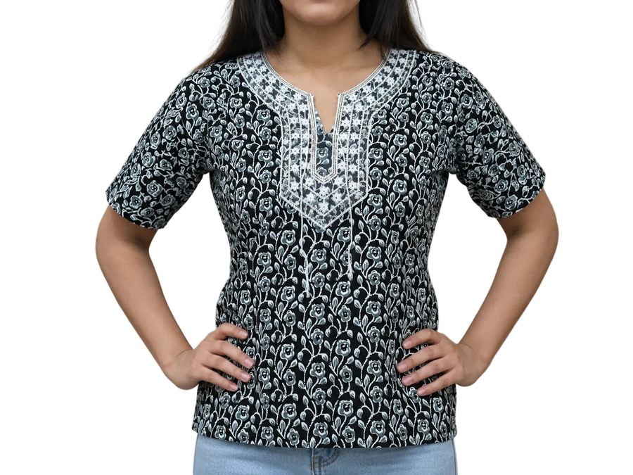 Vastraanii Women's Black Floral Printed Cotton Top with Embroidered Neck