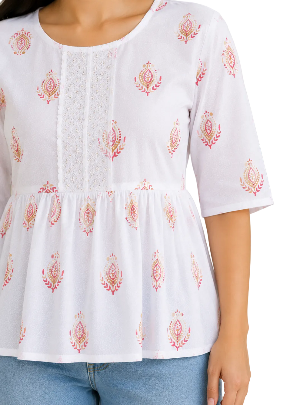Vastraanii Women's White Floral Printed Peplum Top with Lace Detail
