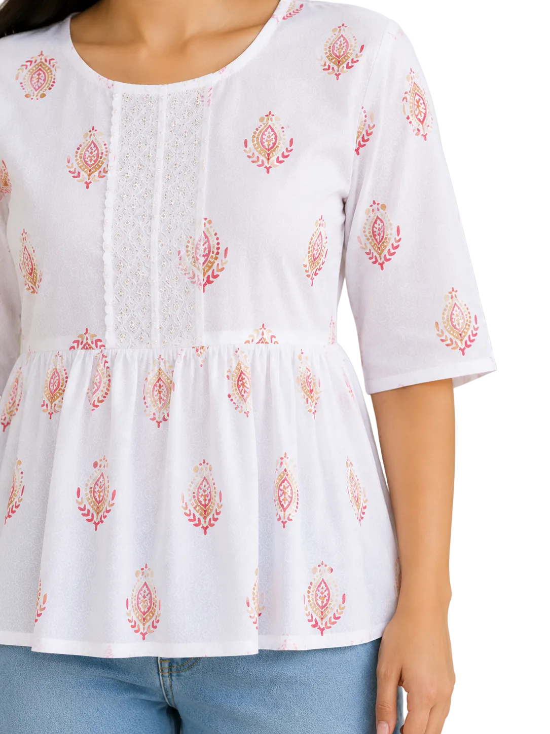 Vastraanii Women's White Floral Printed Peplum Top with Lace Detail