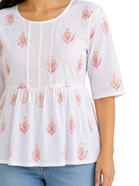 Vastraanii Women's White Floral Printed Peplum Top with Lace Detail