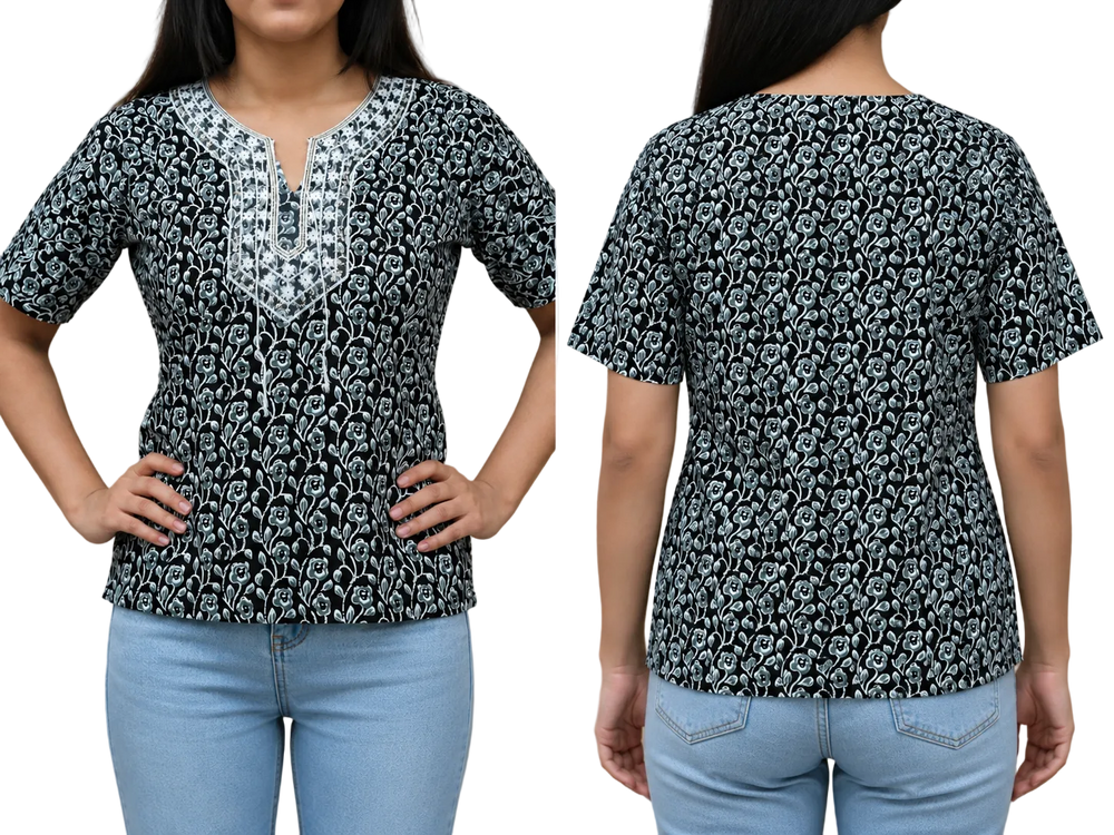 Vastraanii Women's Black Floral Printed Cotton Top with Embroidered Neck