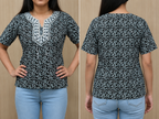 Vastraanii Women's Black Floral Printed Cotton Top with Embroidered Neck
