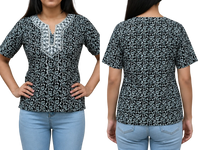 Vastraanii Women's Black Floral Printed Cotton Top with Embroidered Neck