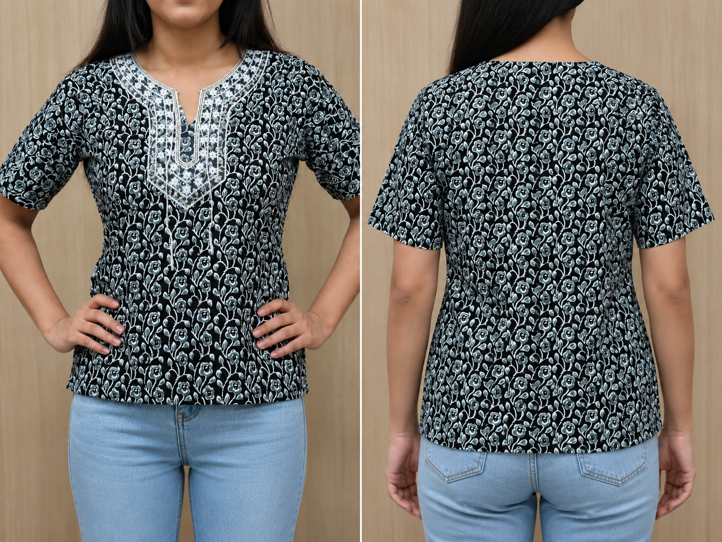 Vastraanii Women's Black Floral Printed Cotton Top with Embroidered Neck
