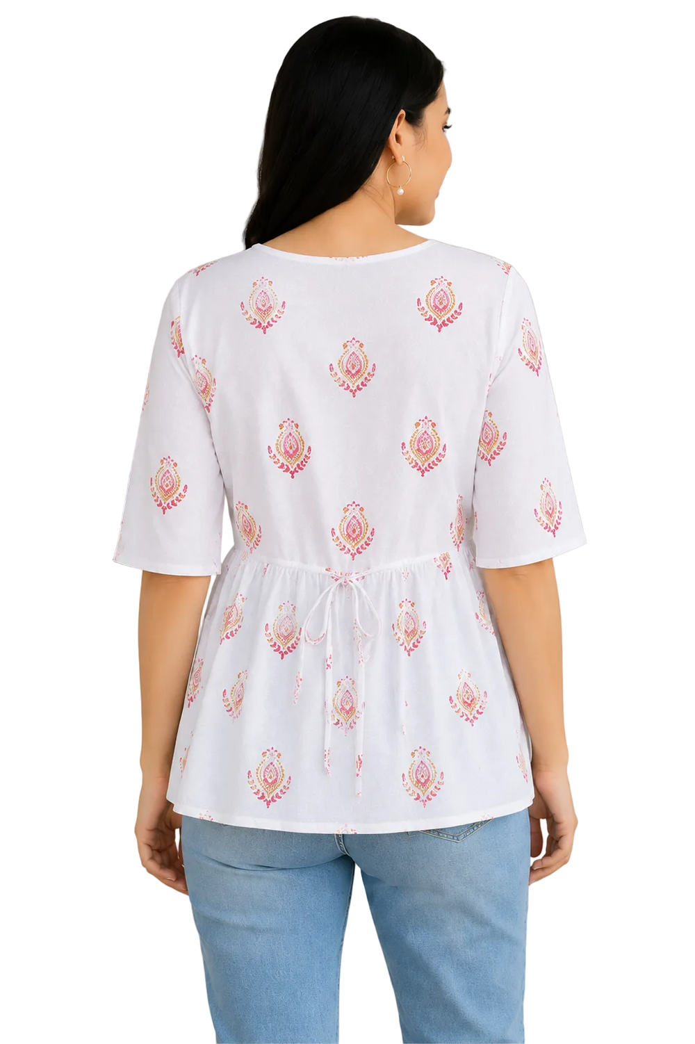 Vastraanii Women's White Floral Printed Peplum Top with Lace Detail