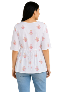 Vastraanii Women's White Floral Printed Peplum Top with Lace Detail