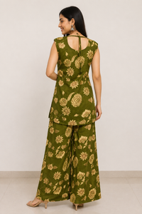 Olive Green Floral Printed Palazzo Pants for Women