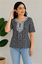 Vastraanii Women's Black Floral Printed Cotton Top with Embroidered Neck