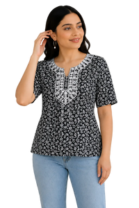 Vastraanii Women's Black Floral Printed Cotton Top with Embroidered Neck