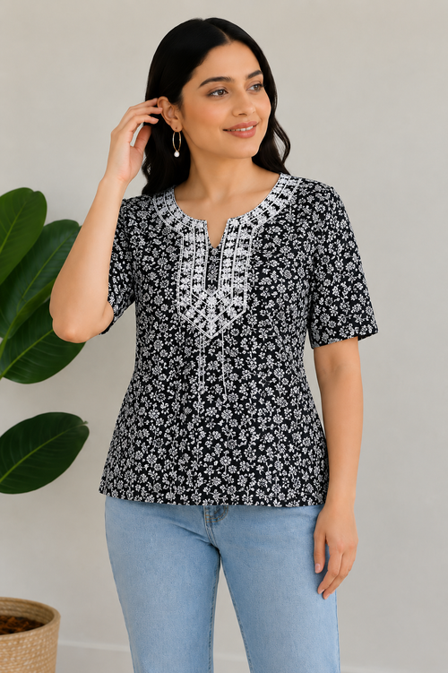 Vastraanii Women's Black Floral Printed Cotton Top with Embroidered Neck