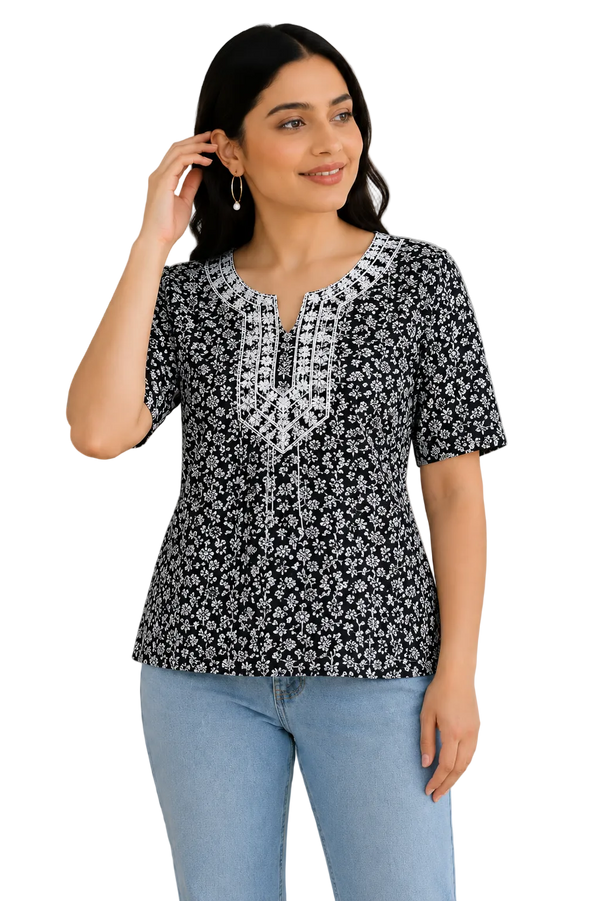 Vastraanii Women's Black Floral Printed Cotton Top with Embroidered Neck