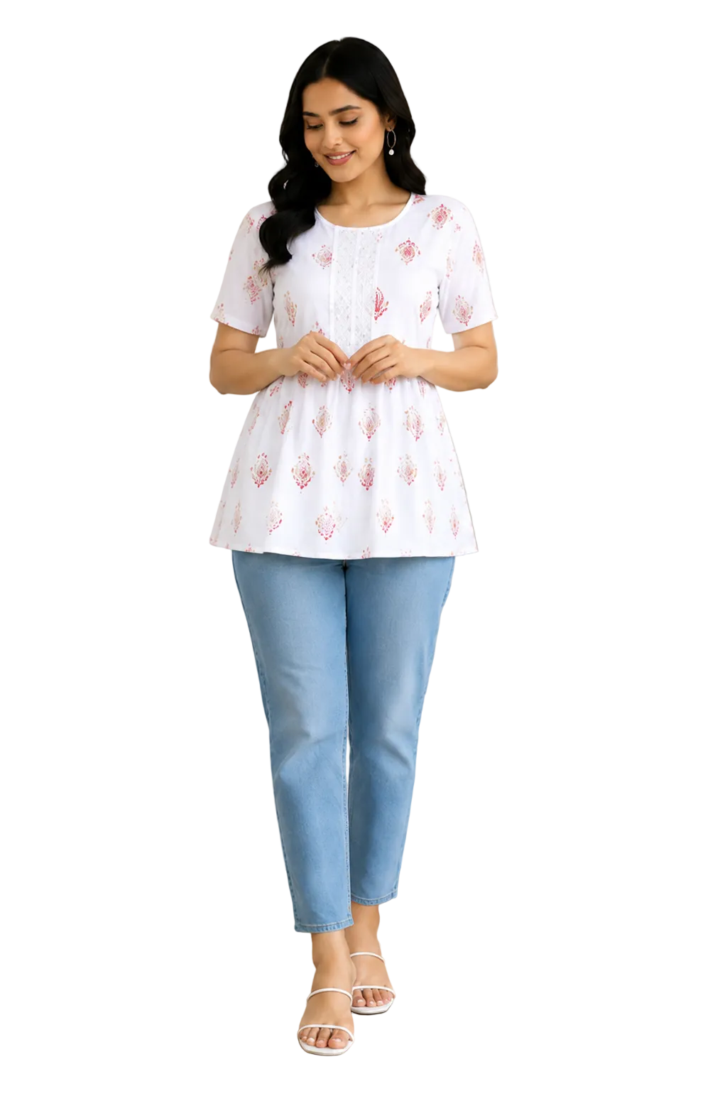 Vastraanii Women's White Floral Printed Peplum Top with Lace Detail