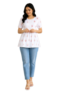 Vastraanii Women's White Floral Printed Peplum Top with Lace Detail