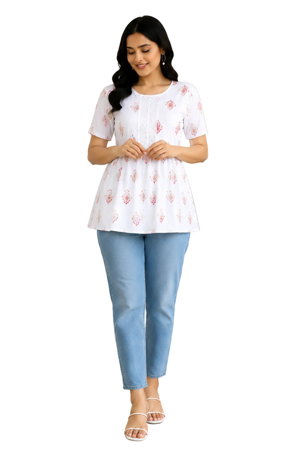 Vastraanii Women's White Floral Printed Peplum Top with Lace Detail