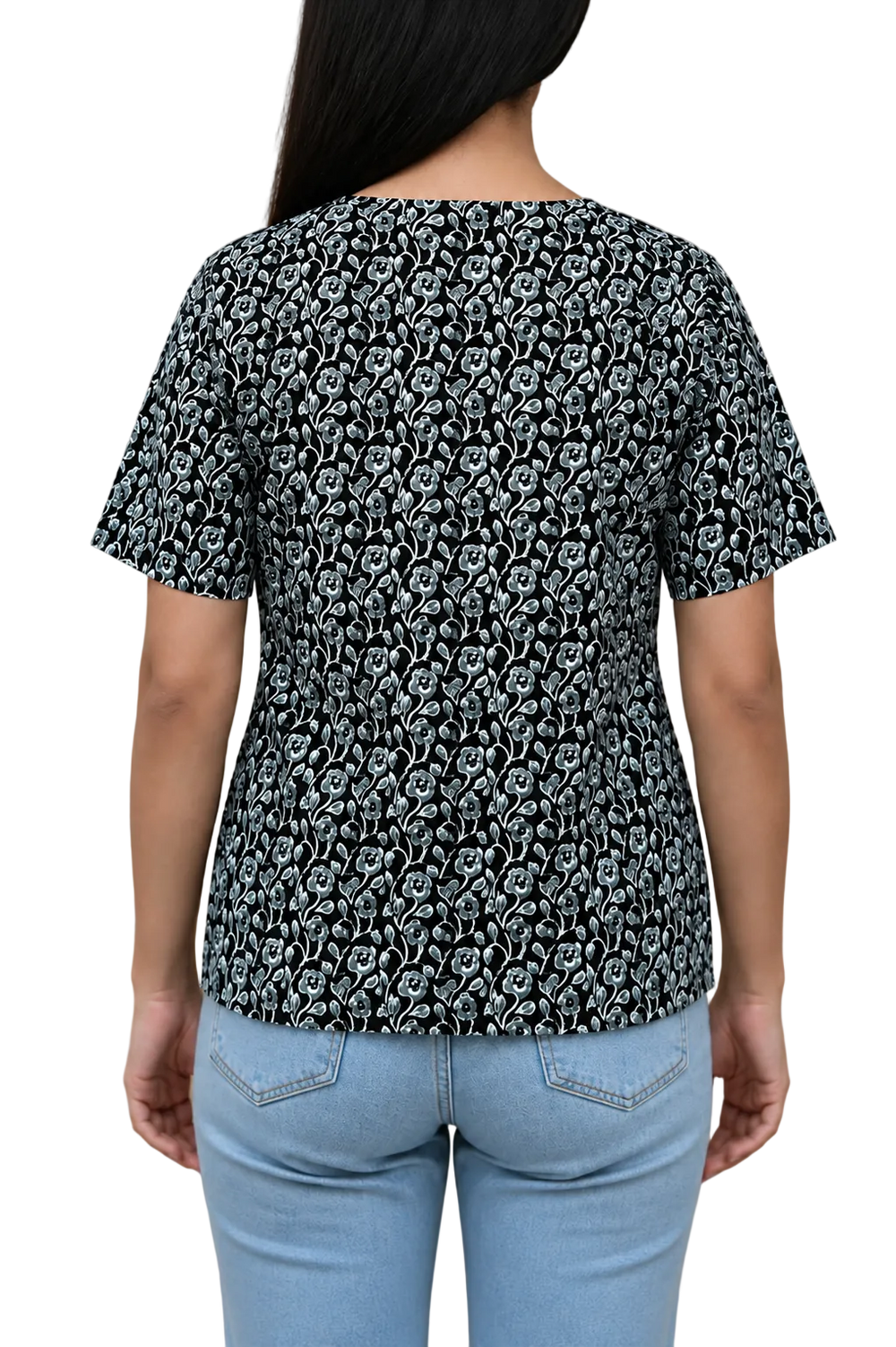 Vastraanii Women's Black Floral Printed Cotton Top with Embroidered Neck