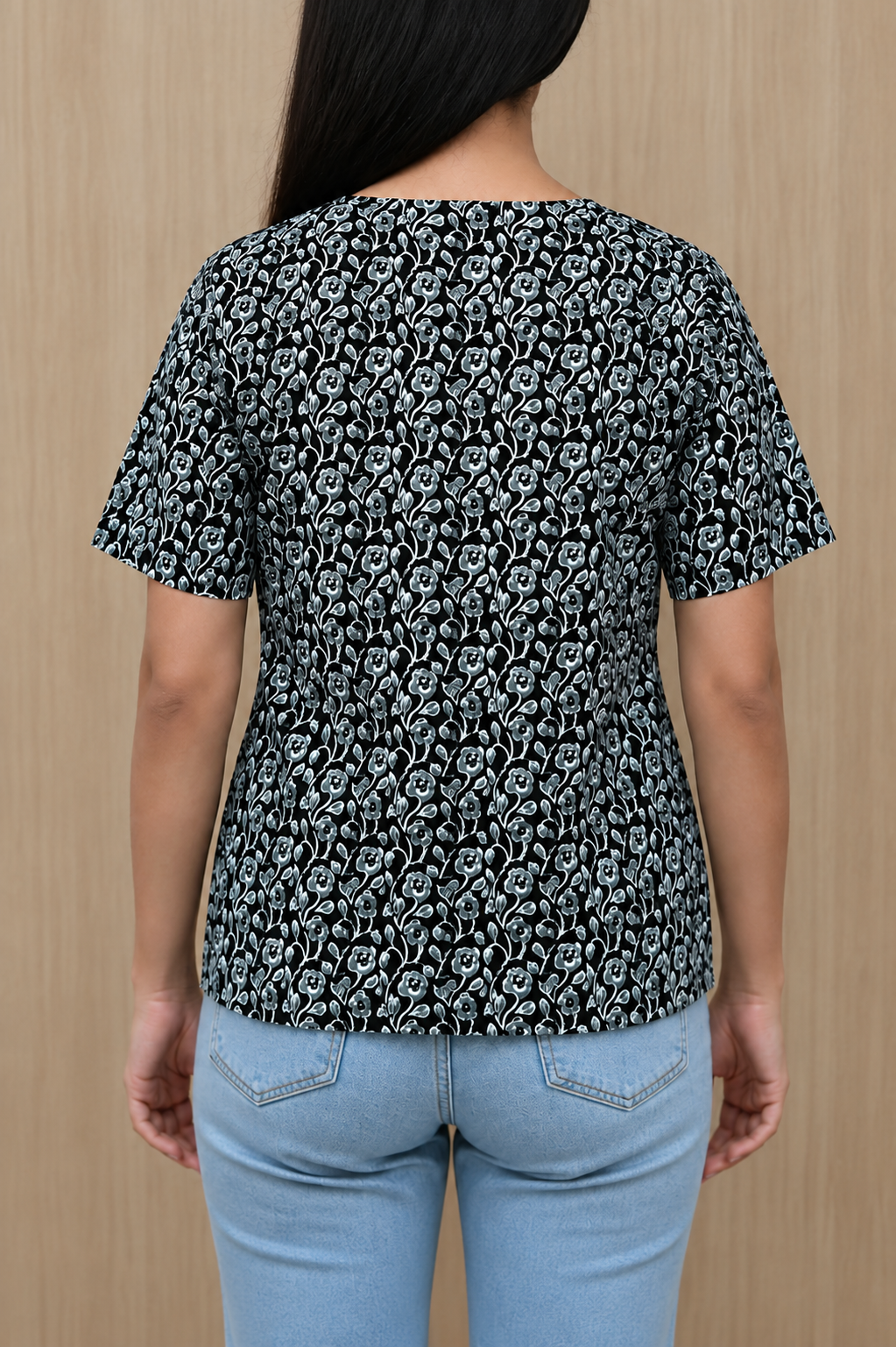 Vastraanii Women's Black Floral Printed Cotton Top with Embroidered Neck