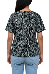 Vastraanii Women's Black Floral Printed Cotton Top with Embroidered Neck