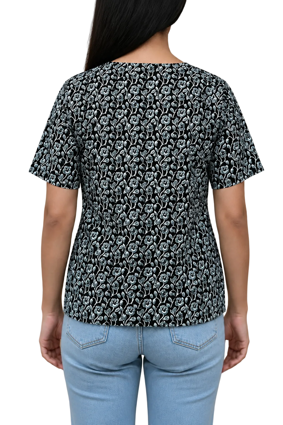 Vastraanii Women's Black Floral Printed Cotton Top with Embroidered Neck
