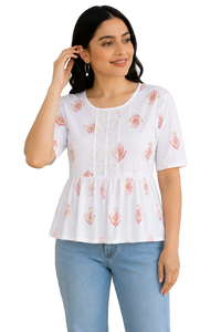 Vastraanii Women's White Floral Printed Peplum Top with Lace Detail