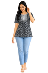 Vastraanii Women's Black Floral Printed Cotton Top with Embroidered Neck