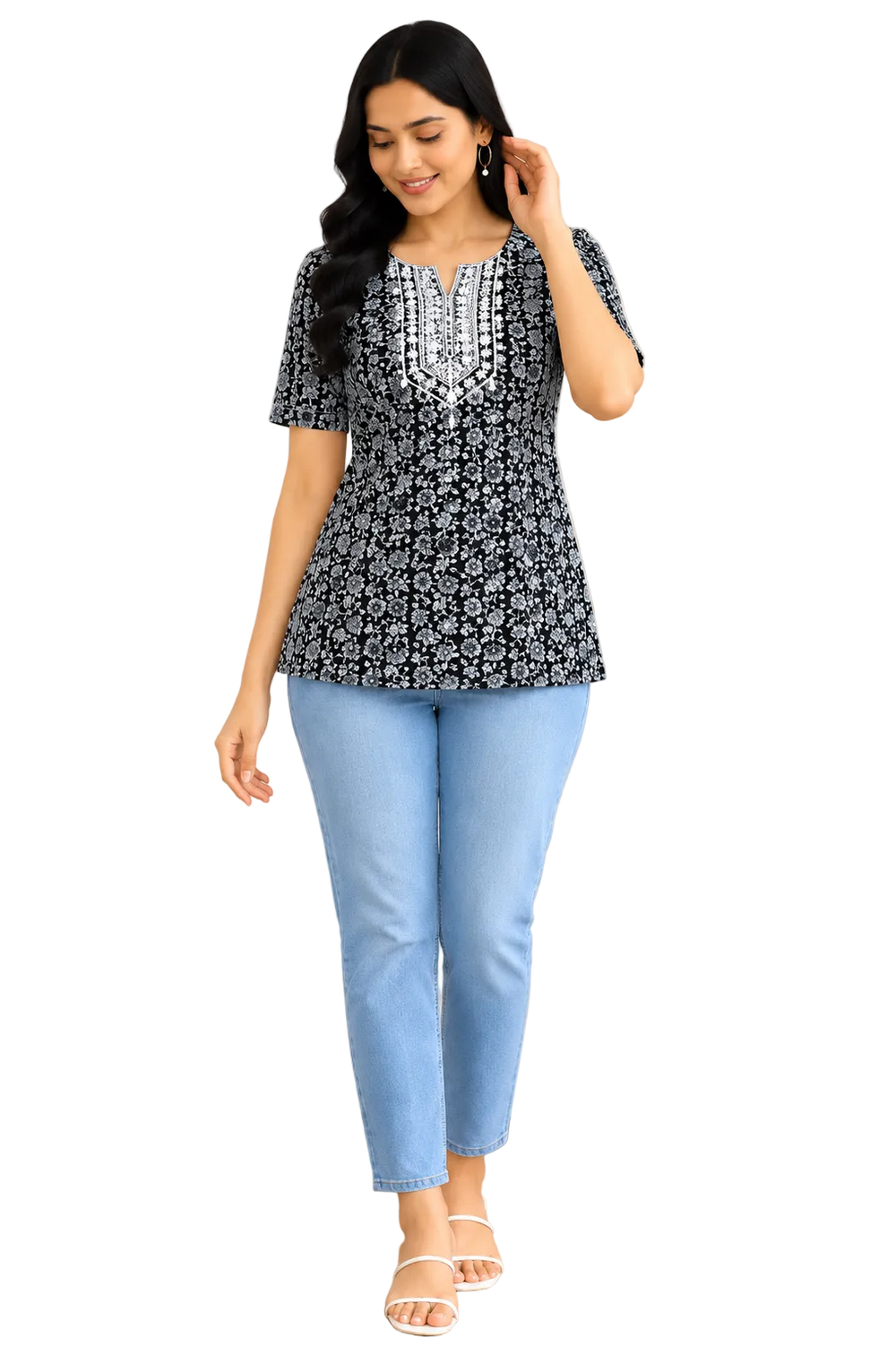 Vastraanii Women's Black Floral Printed Cotton Top with Embroidered Neck