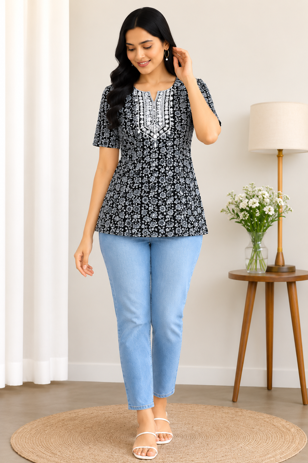Vastraanii Women's Black Floral Printed Cotton Top with Embroidered Neck