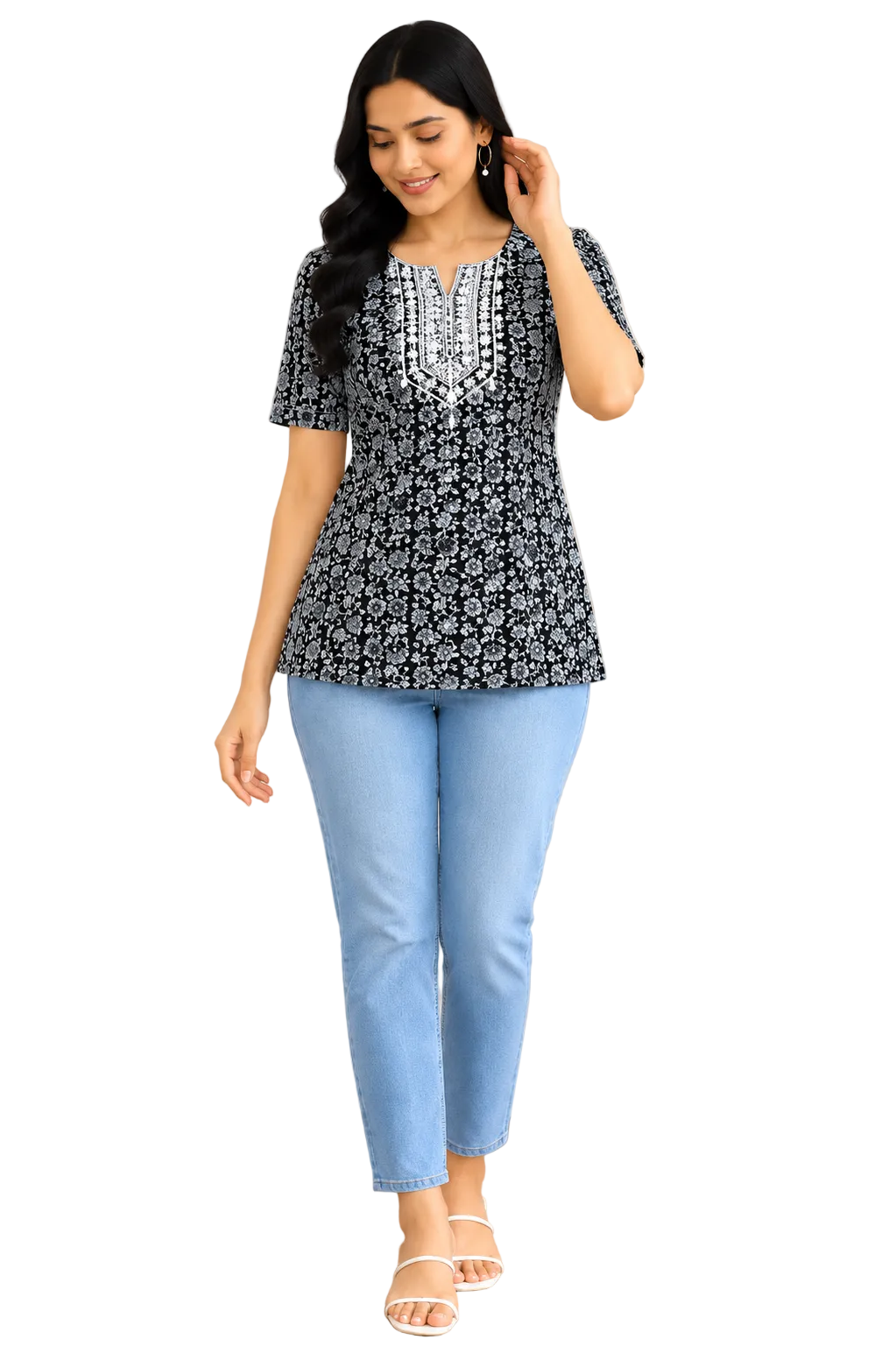 Vastraanii Women's Black Floral Printed Cotton Top with Embroidered Neck