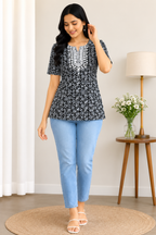 Vastraanii Women's Black Floral Printed Cotton Top with Embroidered Neck