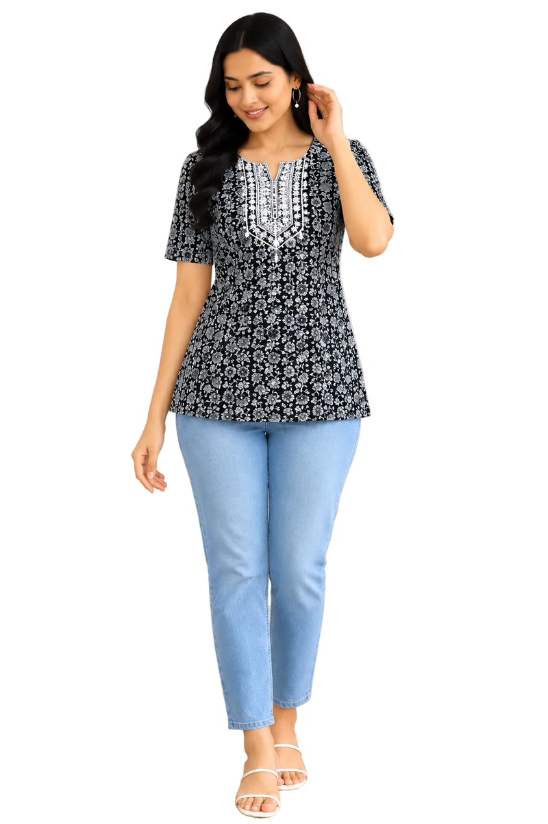 Vastraanii Women's Black Floral Printed Cotton Top with Embroidered Neck
