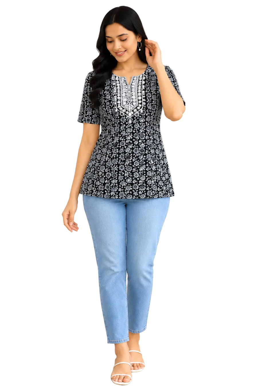 Vastraanii Women's Black Floral Printed Cotton Top with Embroidered Neck