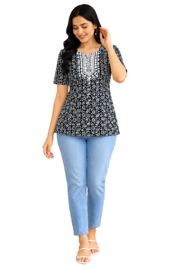 Vastraanii Women's Black Floral Printed Cotton Top with Embroidered Neck