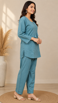 Vastraanii Women’s Teal Blue Embroidered Co-ord Set