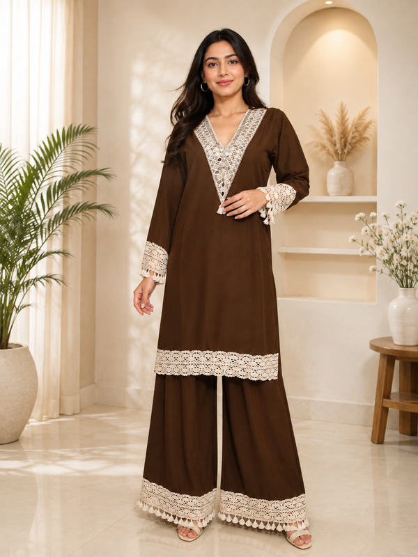 Brown Cotton Kurta Palazzo Set with Intricate Lace Detailing