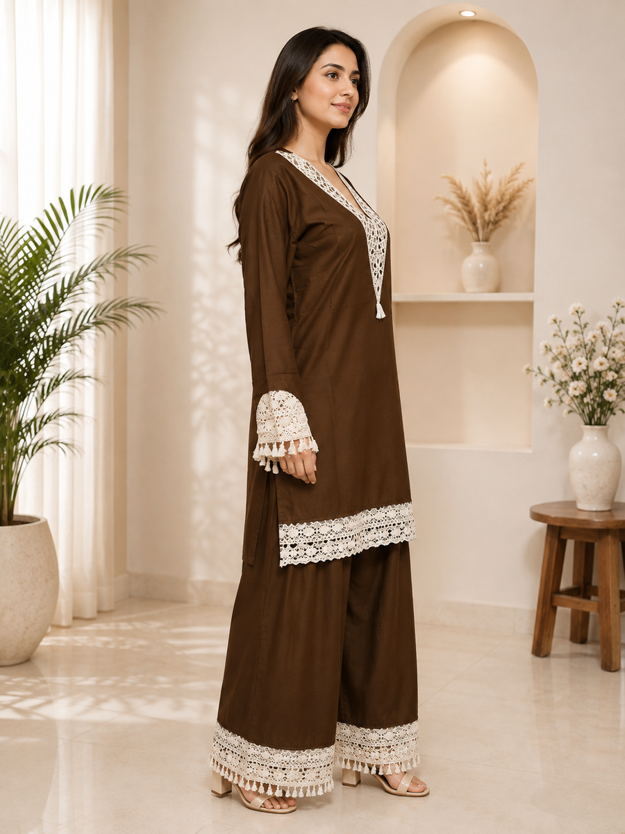 Brown Cotton Kurta Palazzo Set with Intricate Lace Detailing