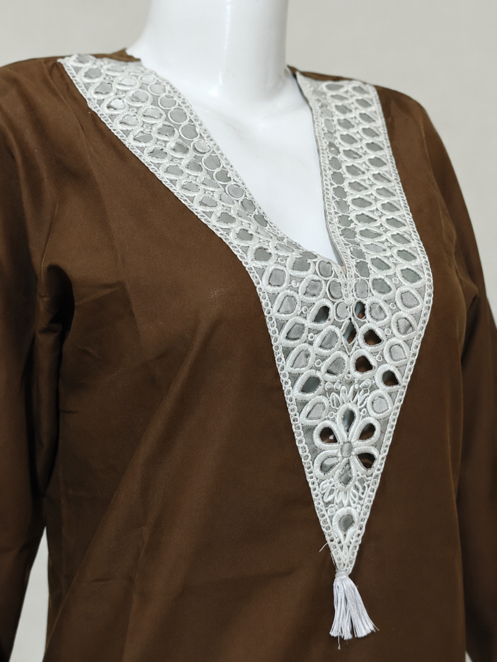 Brown Cotton Kurta Palazzo Set with Intricate Lace Detailing