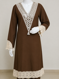 Brown Cotton Kurta Palazzo Set with Intricate Lace Detailing