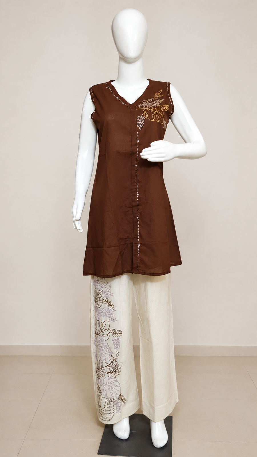 Vastraanii Women’s Brown Embroidered Kurta with Printed Palazzo Set