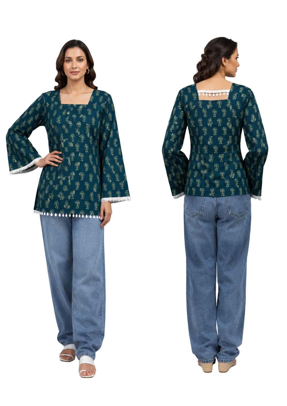 Vastraanii Women's Teal Paisley Print Cotton Top with Square Neck & Lace Detail