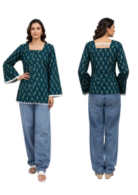 Vastraanii Women's Teal Paisley Print Cotton Top with Square Neck & Lace Detail
