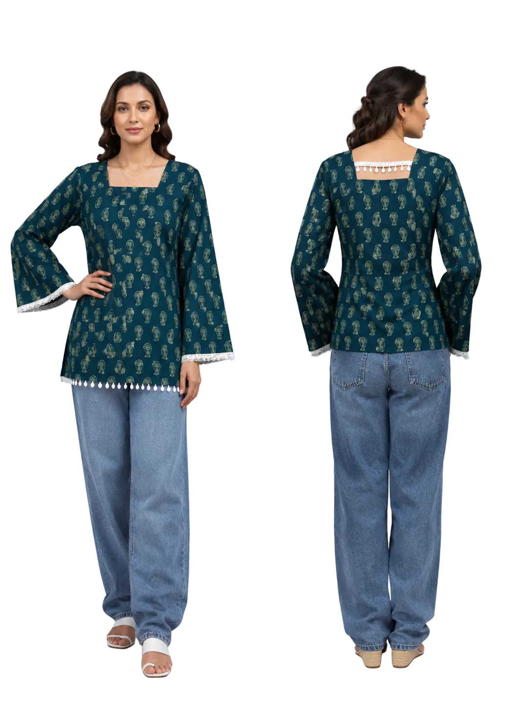 A woman modeling a dark teal printed kurta with wide bell sleeves and white trim, shown in front and back views against a light gray studio background.